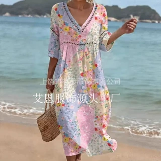 款欧美跨境女装夏季新款女士波西米亚灯笼袖长裙时尚