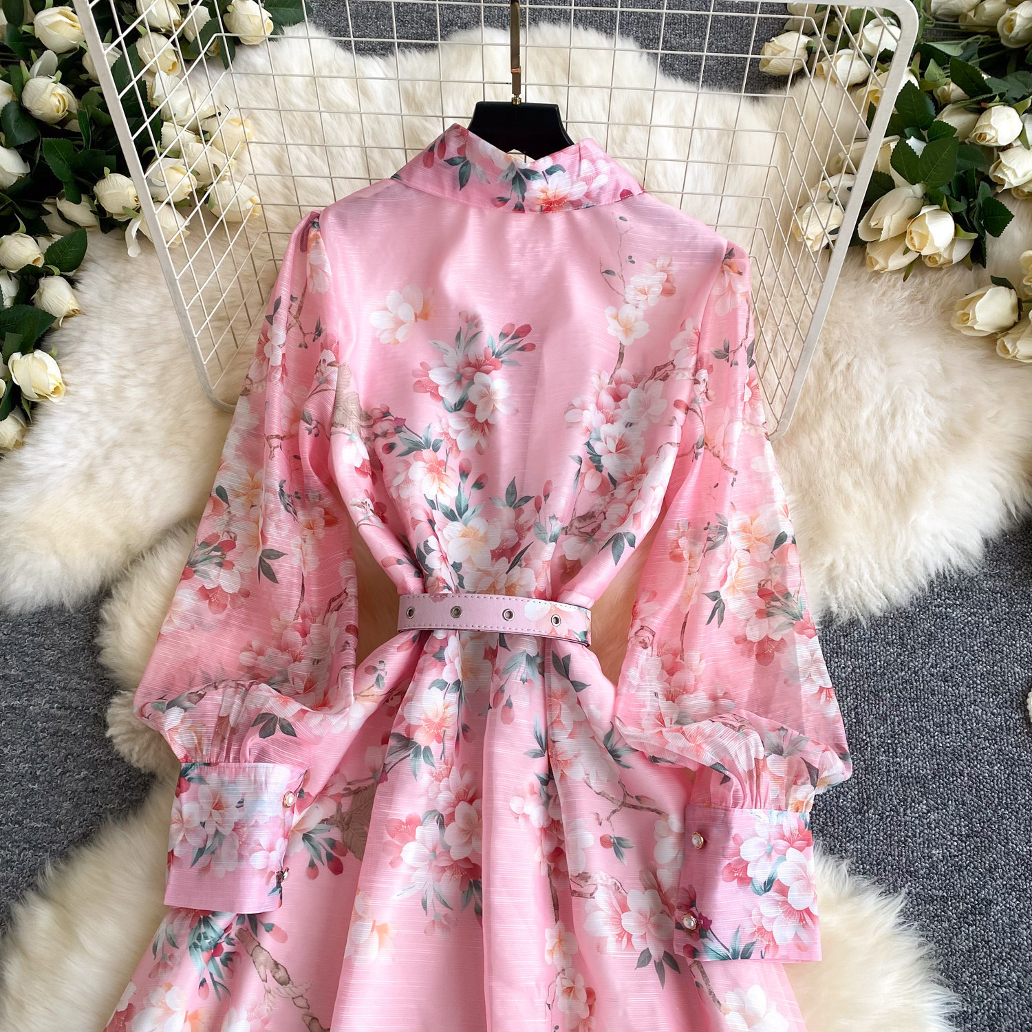 Women's French Style Printed Dress Fitted Openwork Long Sleeves Lapel Collar Tie Waist A-Line Long Skirt for Commuting_ecoleips.com