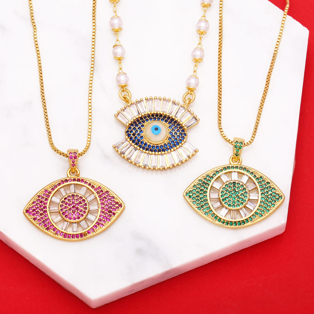 simple devil eye pearl chain pendant copper inlaid zircon necklace
