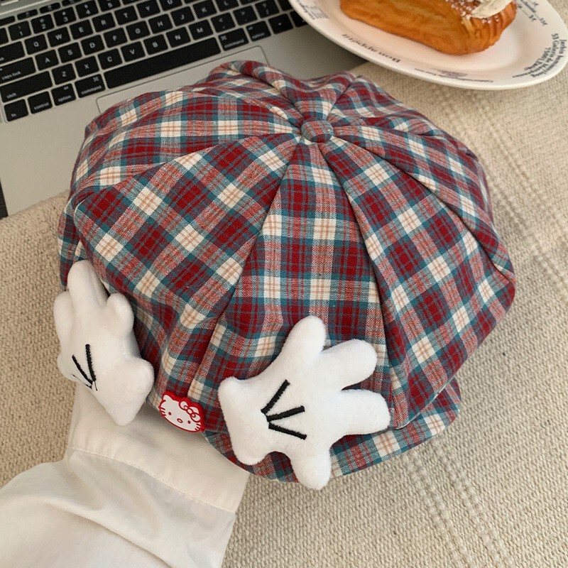 韩系可爱kitty猫格子贝雷帽女甜美百搭大头围显脸小八角画家帽子|undefined