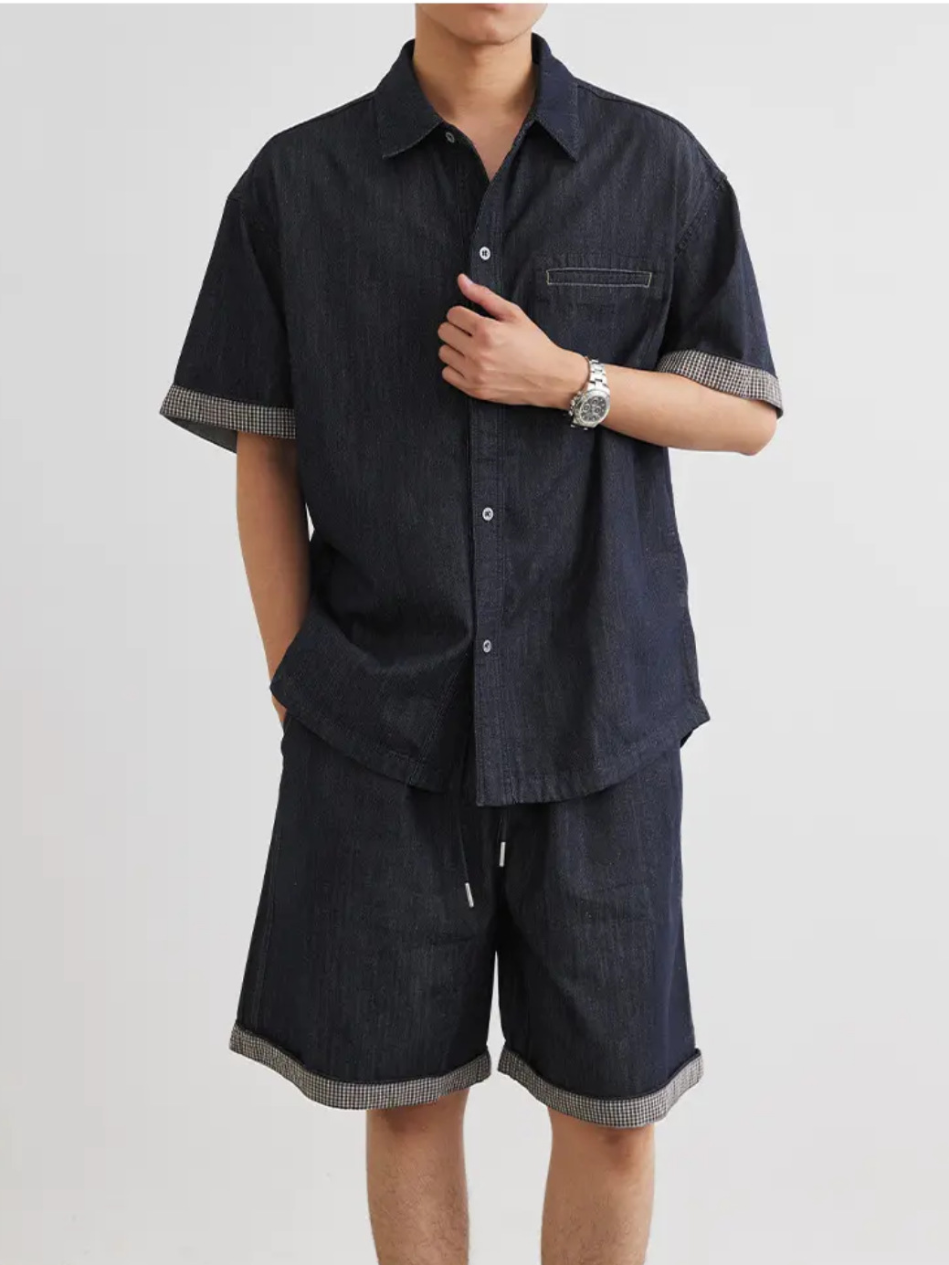 夏季新款男士莱赛尔天丝牛仔套装潮流透气休闲时尚短袖衬衫两件套