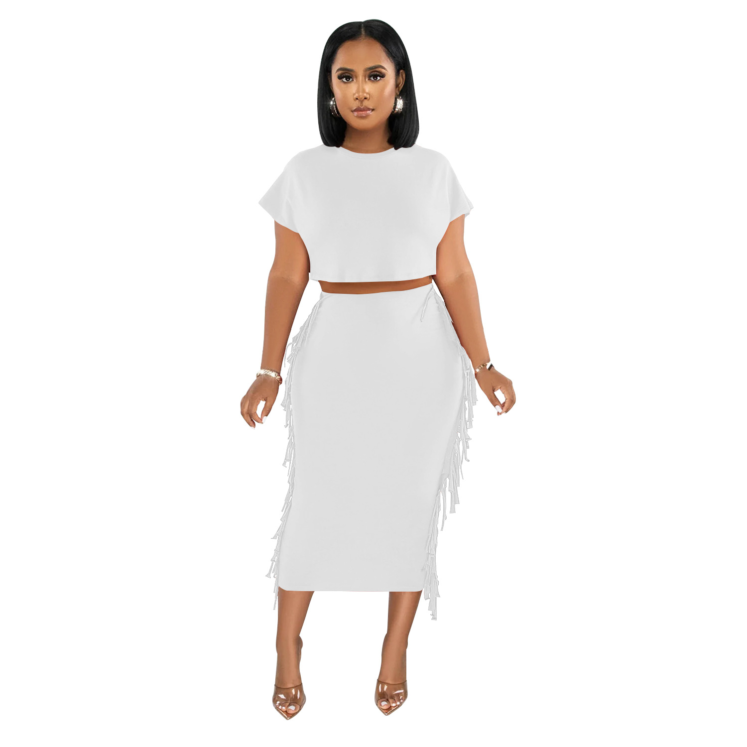 X6331 transfronterizo AliExpress Amazon ropa de mujer de moda europea y americana borla de color sólido cuello redondo Vestido de manga corta conjunto de dos piezas