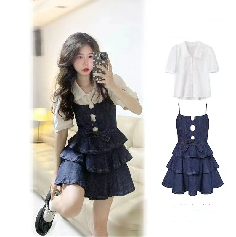 French-Style Princess Tutu Skirt for Petite Figures, Sweet and Cool Denim Suspender Dress with Doll Collar Shirt Two-Piece Set French-Style Princess Tutu Skirt for Petite Figures, Sweet and Cool Denim Suspender Dress with Doll Collar Shirt Two-Piece Set