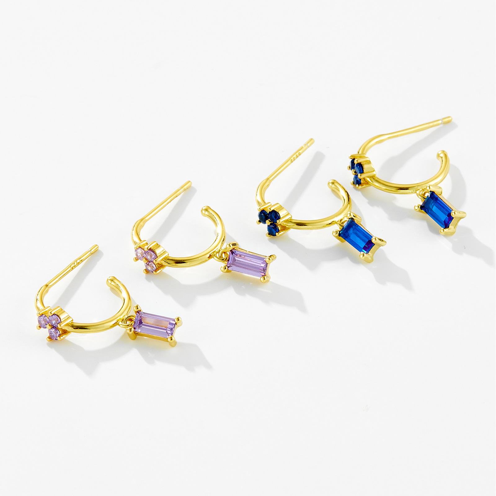C Shape, Rectangle Pattern 1 Pair 18K Gold Plated 925 Sterling Silver Zircon C Shape Rectangle Drop Earrings