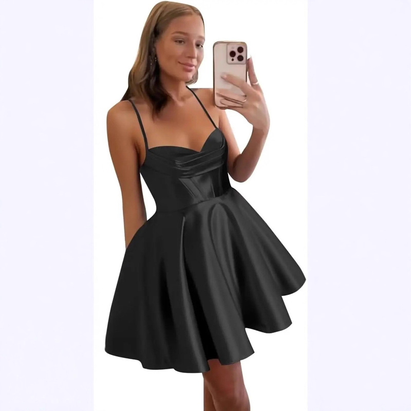 Thin Strap Satin Women's Homecoming Dress, Short Halter Neck Formal Prom Dress with Pockets, Graduation Mini Dress