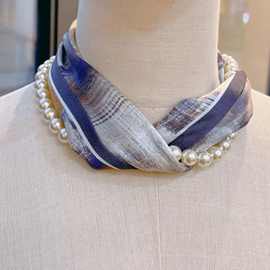 新款夏天桑蚕丝小丝巾女珍珠项链磁吸扣百搭时尚真丝护颈装饰领巾