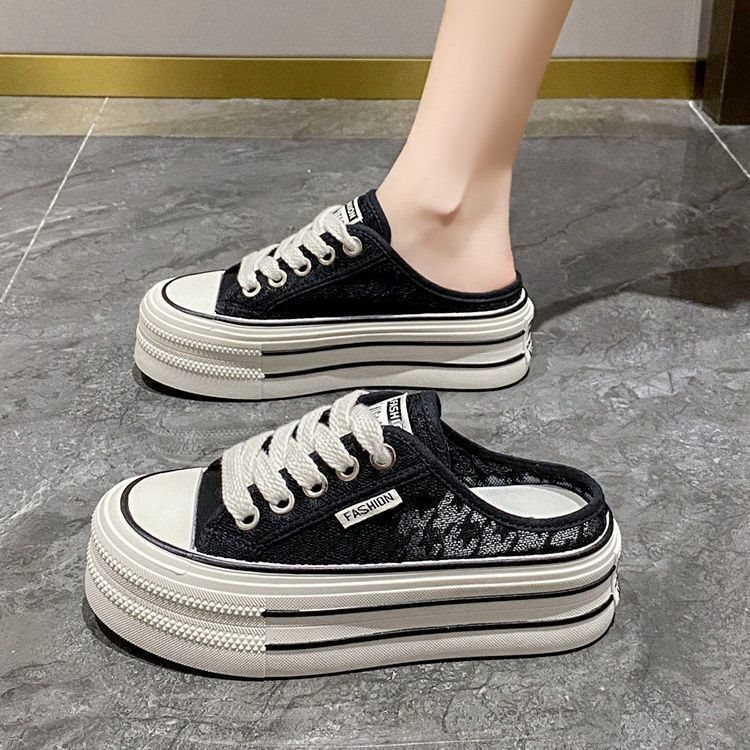 Lace-Up Half-Slippers for Women, 2025 Summer New Style, Thick-Soled Canvas High-Heeled Slip-On Shoes