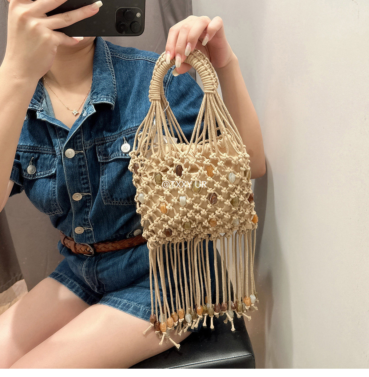 Túi xách tay nữ tua rua đính cườm lưới dệt phong cách thời trang — màu kaki chi tiết 6