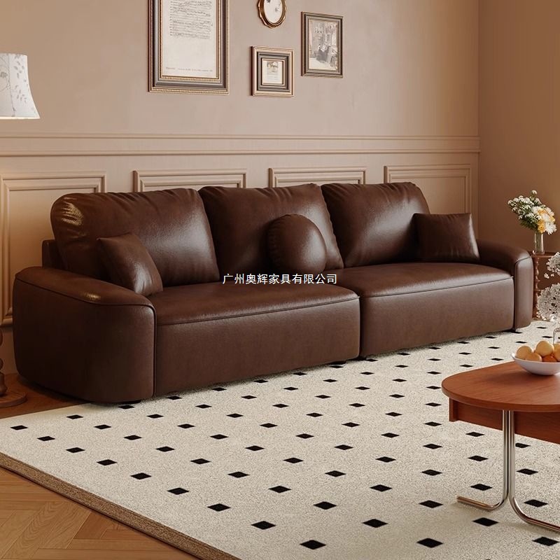 French Retro Style Waxed Leather Sofa Small Apartment Living Room Home Apartment Antique Style Old Brown Straight Sofa