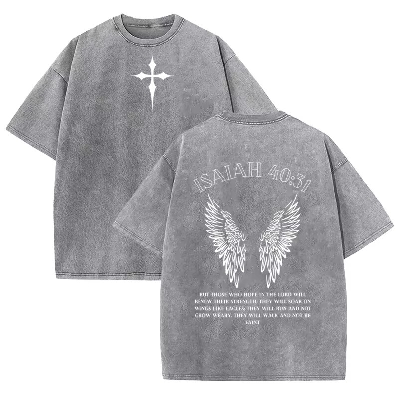 Biblical Verse Isaiah 40:31 Printed Vintage Washed Gray Graphic T-Shirt