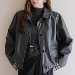 FONE简禾高级感黑色PU皮衣外套女2025秋季时髦复古翻领夹克58221