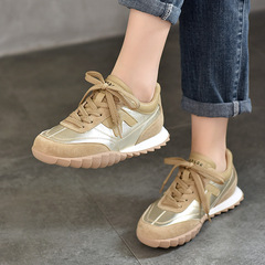 拼色運動鞋女士真皮休閒百搭低幫鞋2024春季新款平跟四季單鞋深口