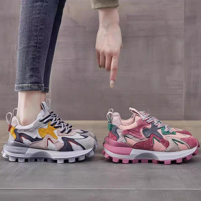 Genuine Leather Small Waist Thick-Soled Waffle Agam Shoes for Women 2025 New Autum Super Popular Sports Casual Versatile Dad Shoes