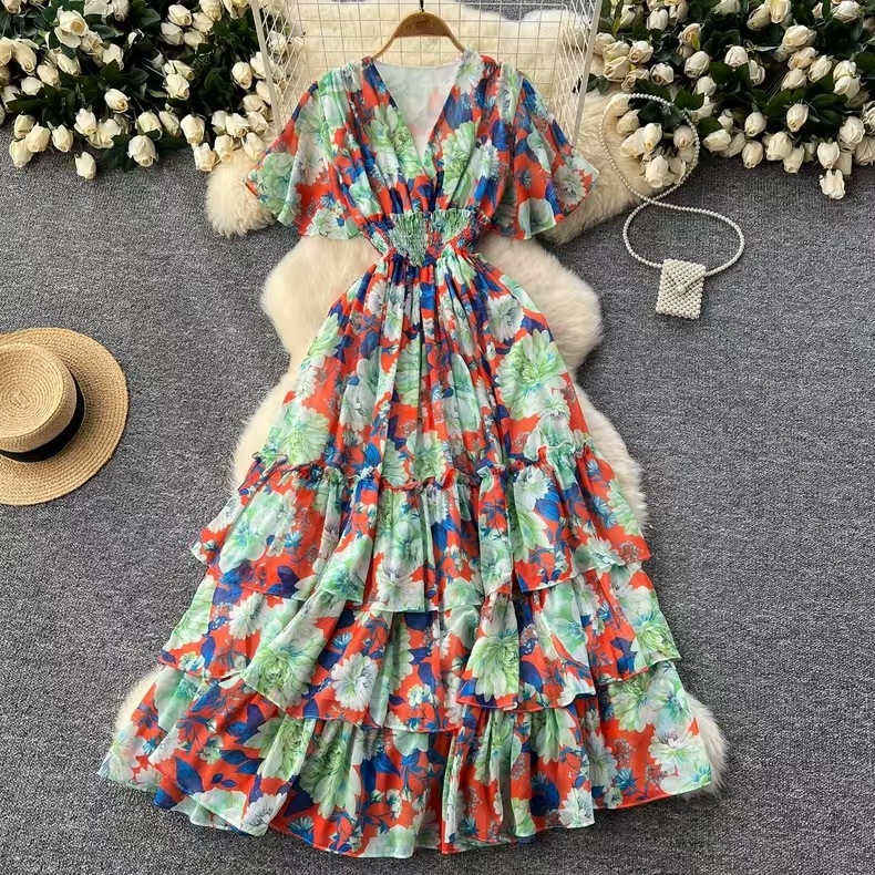 Floral Maxi Dress – High Waist Chiffon A-Line Dress With Ruffled Sleeves (One Size, V-Neck, Elegant Occasion Wear)_ecoleips.com