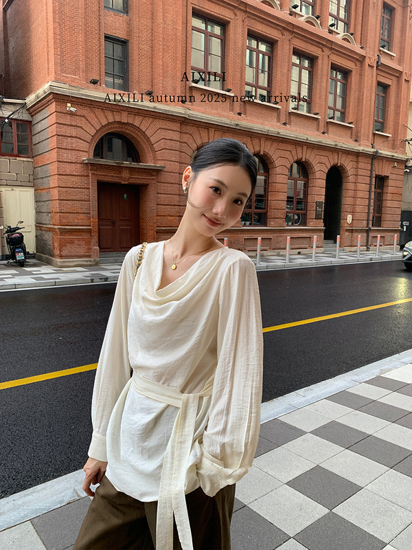 爱西里2025秋法式高级感气质挂脖飘带荡领宽松长袖衬衣女A1387|undefined
