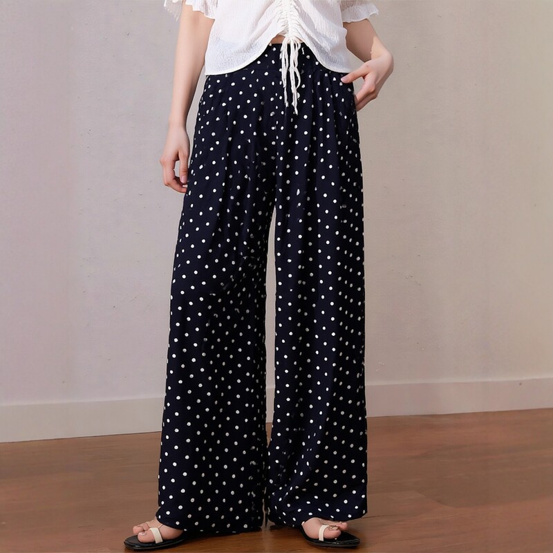 Plus-Size Spring/Summer Thin Pants for Pear-Shaped Body, Very Flattering, Round Polka Dots, Elastic High Waist, Slimming Wide-Leg Pants 3538