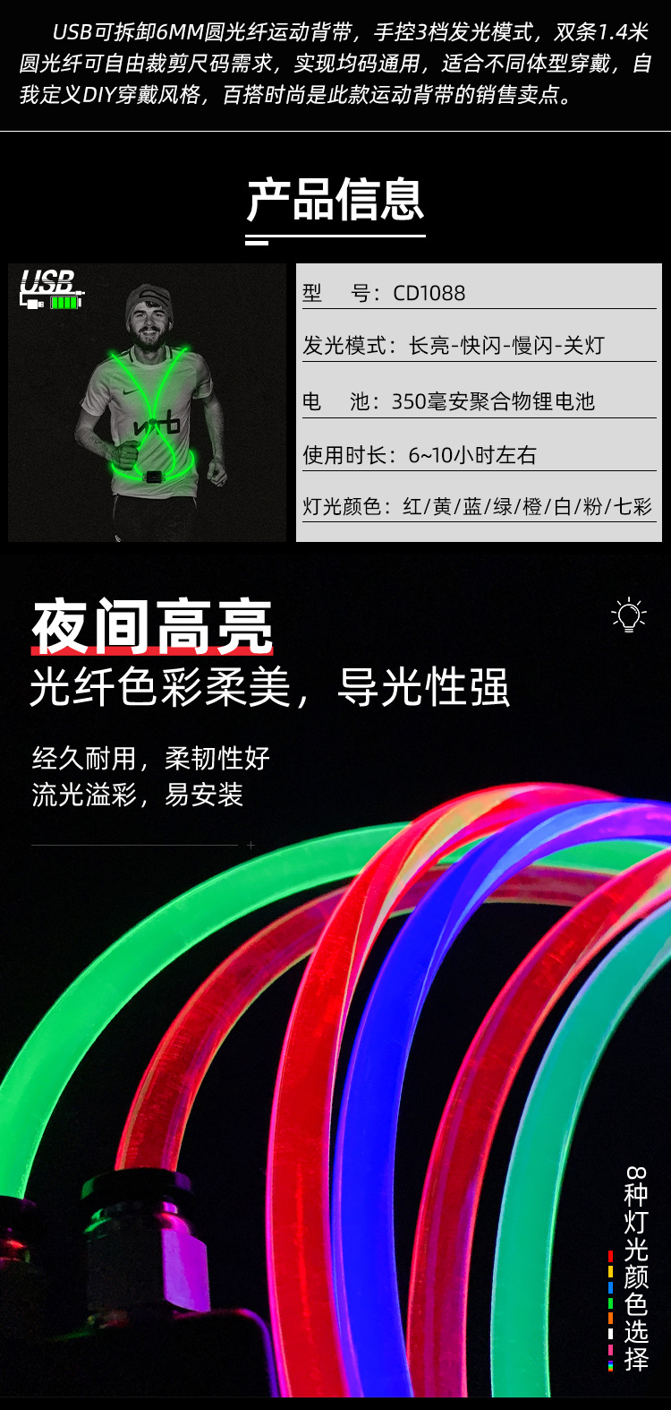 USB可拆卸6MM圆光纤运动背带