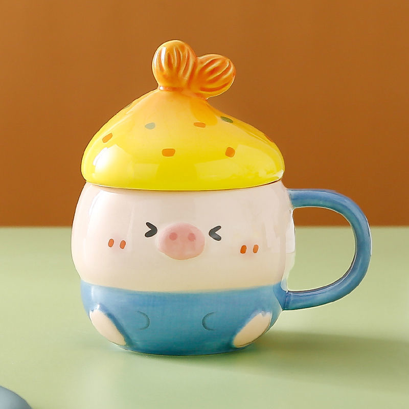 Piggy マグカップ ins 高価値セラミックカップ蓋付きスプーンカップかわいいウォーターカップセラミッククリエイティブカップルカップ|undefined