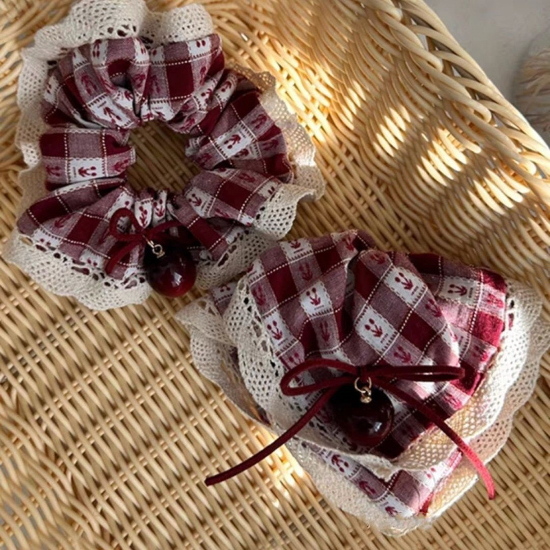 Retro Little Cherry Windmill Hair Tie 2024 Spring New Red Plaid Cherry Square Scarf Sweet Hair Tie Retro Little Cherry Windmill Hair Tie 2024 Spring New Red Plaid Cherry Square Scarf Sweet Hair Tie