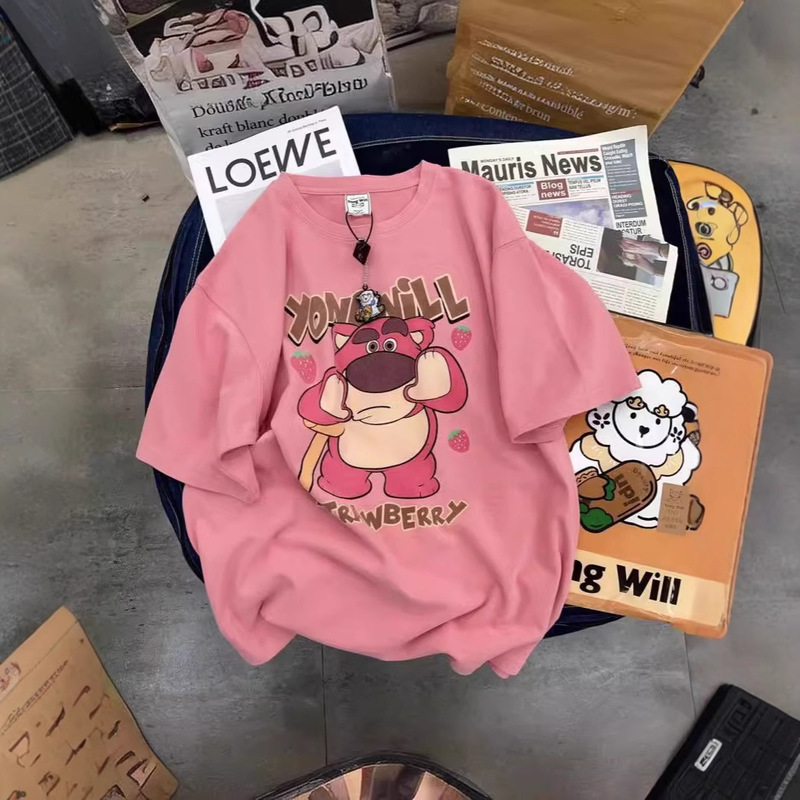Pink Bear Cotton Short-sleeved T-shirt Women's 2025 Summer New Loose plus size T-shirt Fashion Brand Half-sleeved Top