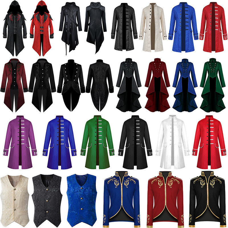 Medieval Retro Tailcoat for Men and Women, Mid-Length Halloween Cosplay Costume, Stage Performance Party Costume