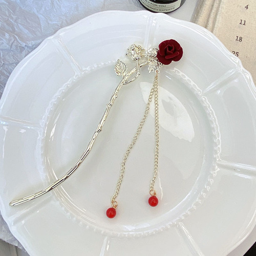  New French Rose Hairpin Ancient Style Exquisite Tassel Hairpin Style Retro Hanfu Bridal Headwear