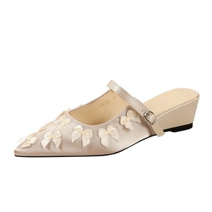 599-23 Korean version silk bow decoration slope heel slippers for women, pointed shallow mouth straight buckle strap for