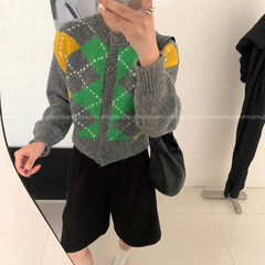 韩系风复古菱格撞色针织开衫毛衣秋冬设计感小个子百搭针织衫上衣