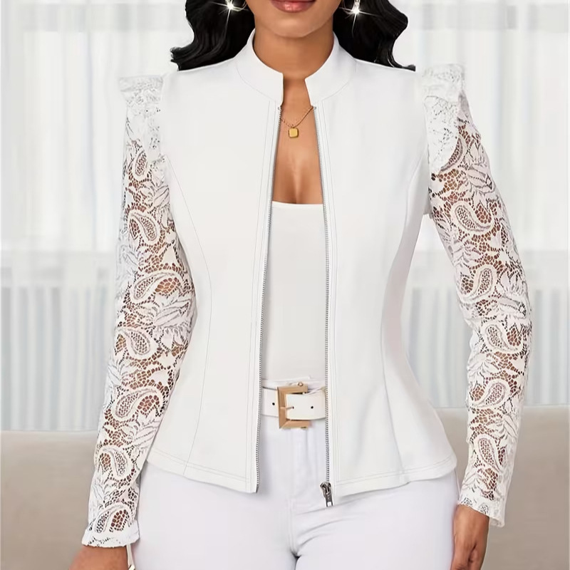 Large quantity in stock Amazon cross-border lace sleeve round neck zipper cardigan blazer for women Large quantity in stock Amazon cross-border lace sleeve round neck zipper cardigan blazer for women