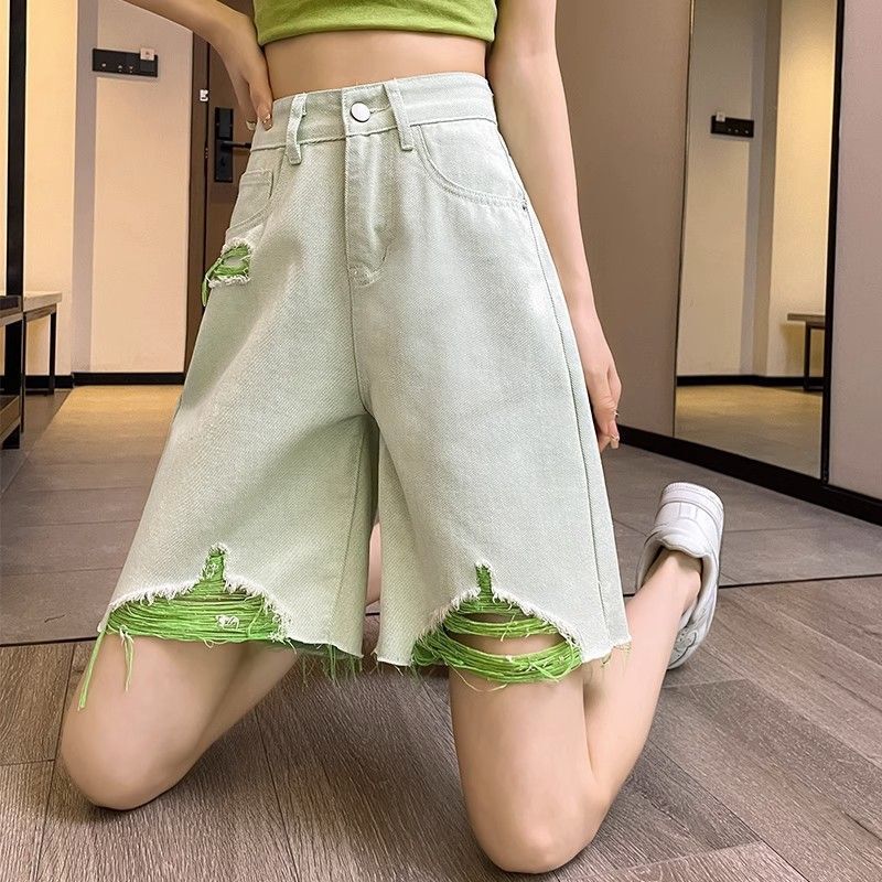 Green Jeans Women's 2023 Summer Thin Ripped Beggar Pants High Waist Covering Thighs Wide Leg A-Line Quarter Pants