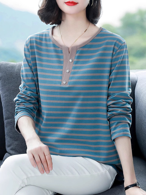 条纹纯棉长袖T恤女春秋薄款2025新款洋气中年妈妈加肥加大码上衣|undefined