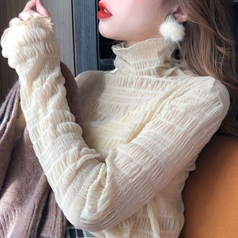 Lace Base Shirt for Women, Long-Sleeved, New Style, High-Neck, Elegant, Slimming, Age-Reducing Chiffon Top, Mesh Blouse, Trendy