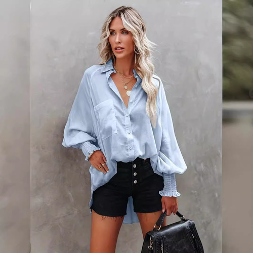 European and American-style beach vacation sun-protective mid-length striped blouse for women, featuring long sleeves