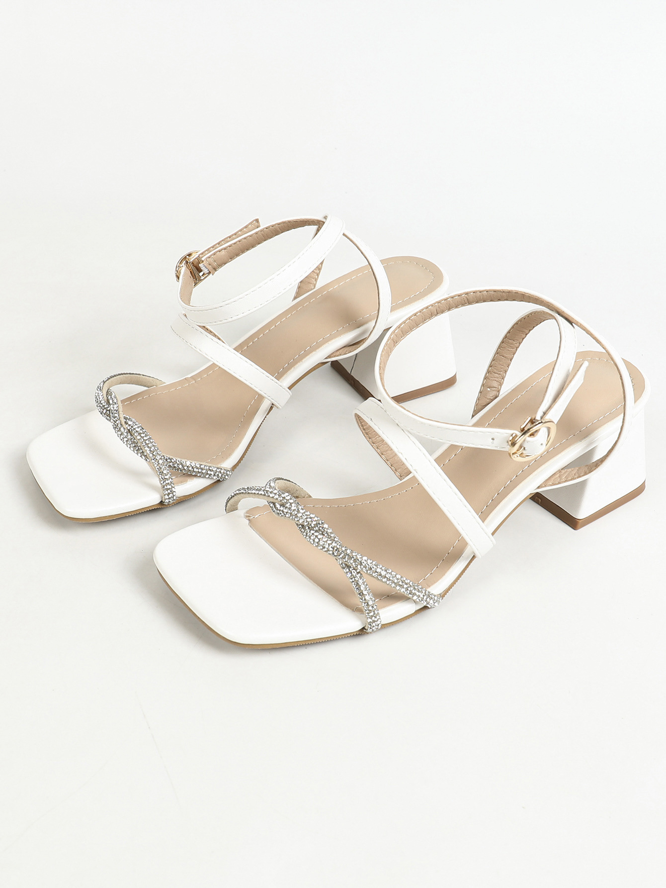 2024 New Summer Korean Elegant Open Toe High Heel Shoes with Diamond One Button Sandals for Women