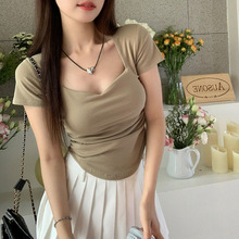T恤女夏小众不规则ins辣妹纯欲风短款方领紧身性感少女短袖上衣女