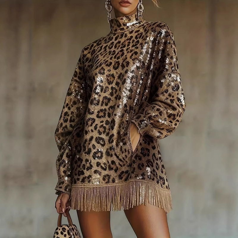 2025 Autumn/Winter European and American Cross-Border Fashion Metallic Brown Sequin High-Neck Long-Sleeve Tassel Design Short Dress Leopard Print 2025 Autumn/Winter European and American Cross-Border Fashion Metallic Brown Sequin High-Neck Long-Sleeve Tassel Design Short Dress Leopard Print