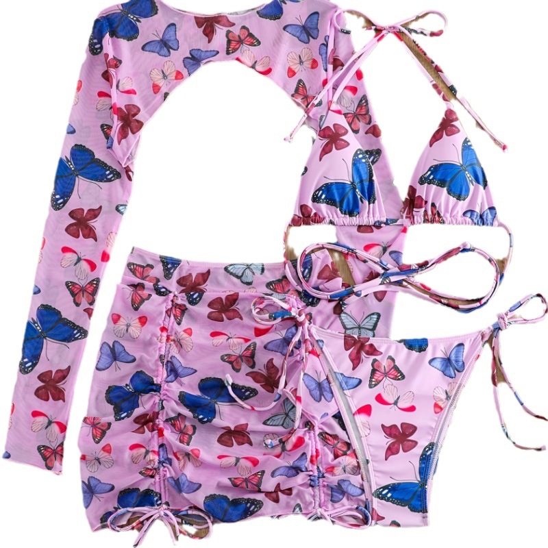 Nuevo traje de baño europeo y americano traje de baño de cuatro piezas para mujer con estampado de mariposa cordón sexy bikini