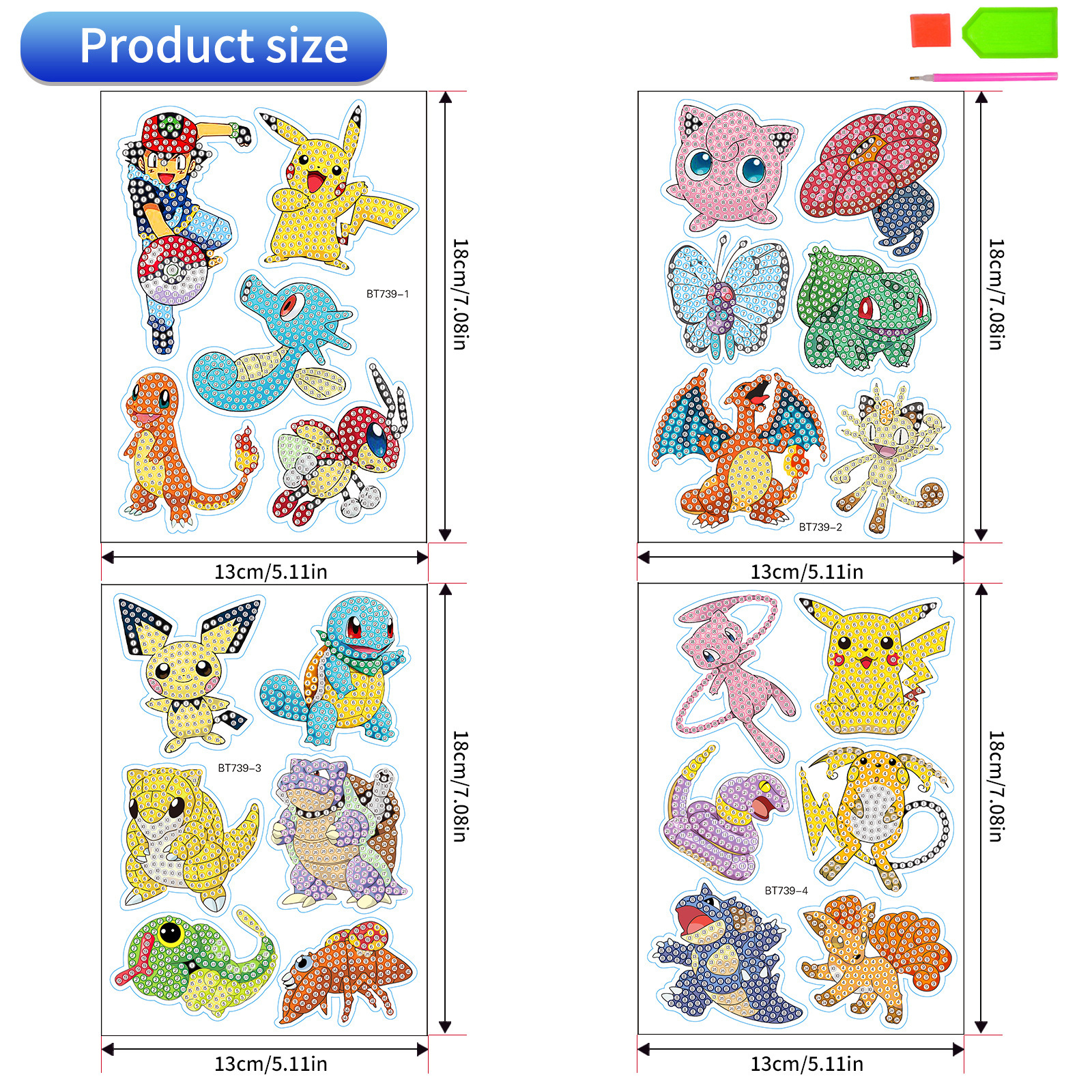Pegatinas de Pared Aleatorias de Anime Pokémon con Diamantes de Imitación, Pegatinas Infantiles, Pegatinas Redondas de Diamantes de Imitación para Manualidades, Venta al por Mayor