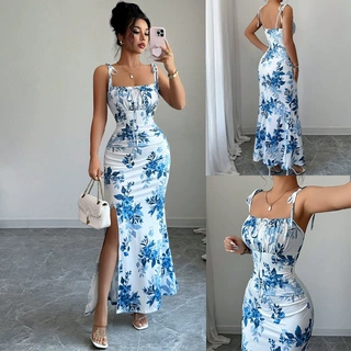 吊带花卉修身开叉连衣裙春夏休闲系带女式包臀裙度假风海边度假裙