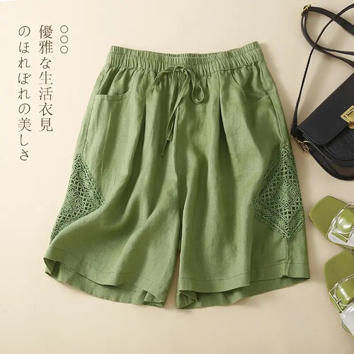 2025 cotton and linen shorts, women's summer retro hollowed-out hook pattern, women's literary lace casual pants, slimming loose straight pants