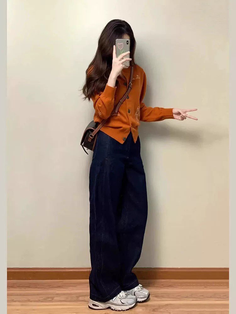 Áo cardigan nữ dệt kim màu cam phong cách Hàn Quốc, kiểu dáng lười biếng — quả cam