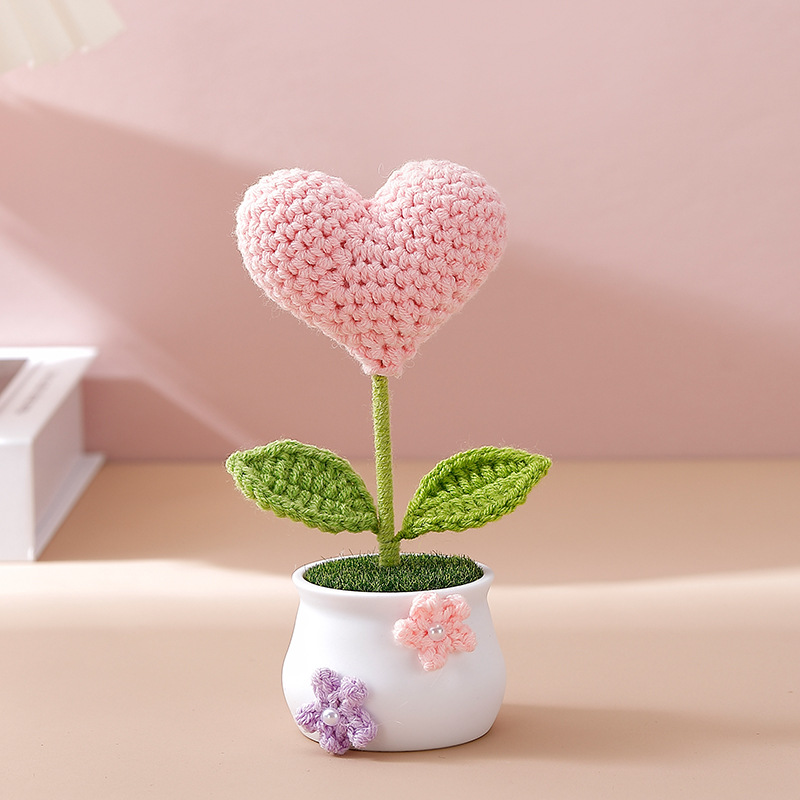 Terminado pequeña olla tejida a mano girasol lirio escritorio coche pequeña decoración regalo de cumpleaños regalo de graduación