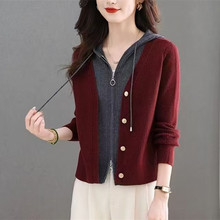 韩版新款假俩件拉链抽绳连帽毛衣女开衫针织时尚高端洋气短款外套