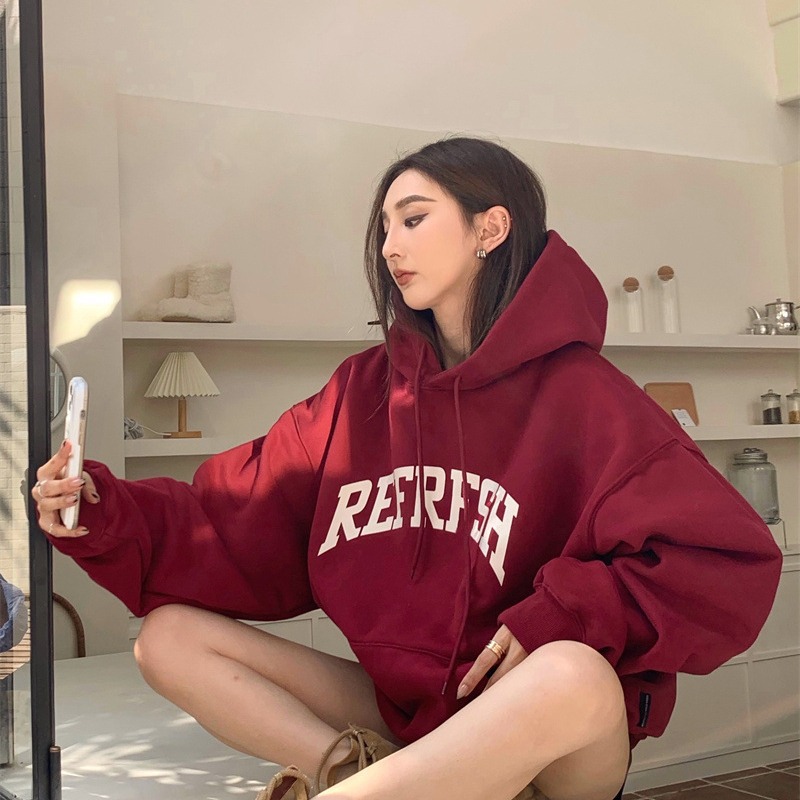 [Venta al por mayor transfronteriza] American retro 2023 nuevo Harajuku suéter forrado de lana con capucha estudiante suelta top