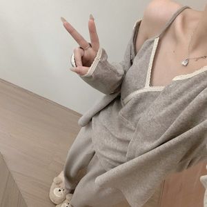 特大码300斤纯棉风韩版家居服奢华ins风开衫长裤花边吊带三件套装