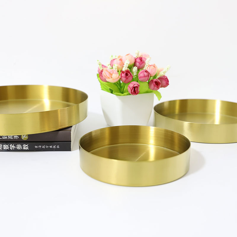 Disco dorado de acero inoxidable nórdico metal cosmético bandeja redonda bandeja de almacenamiento de joyería del hogar bandeja de té taza de agua