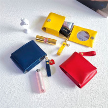 韩版小清新口红收纳盒 便携化妆镜一体口红包 迷你皮质口红小包包