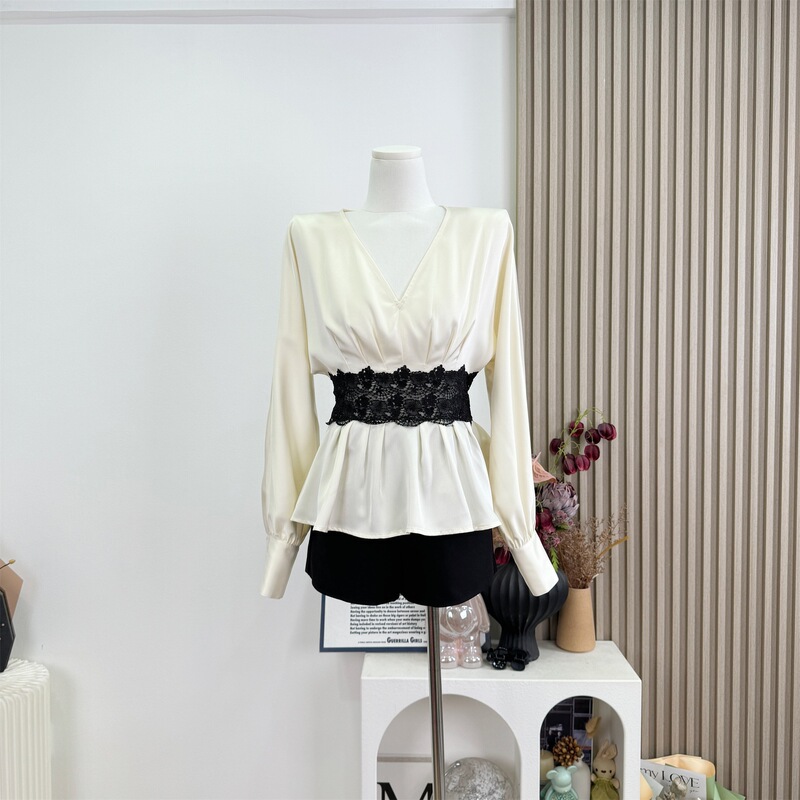 Jiangnan New Aristocratic French Lace Waist-Cinching Elegant Collar Shirt Dress Women's Elegant Blouse Off-White Top