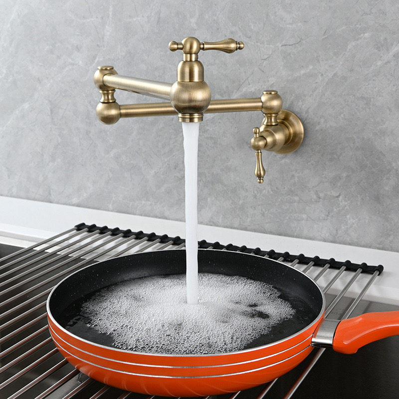All-Copper Wall-Mounted Kitchen Faucet with Rotating Double-Open Retractable Cold Sink and Laundry Sink Faucet Retro European Style