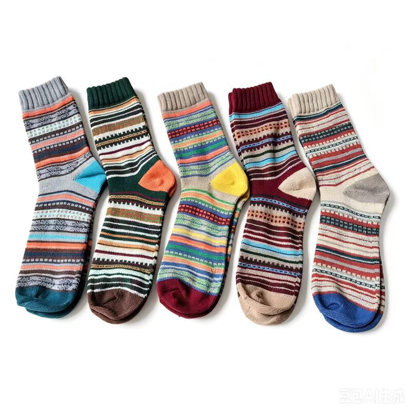 Cross-border supply of large-size wool socks for Amazon, ethnic style men's warm winter crew socks with thickened mid-calf design Cross-border supply of large-size wool socks for Amazon, ethnic style men's warm winter crew socks with thickened mid-calf design